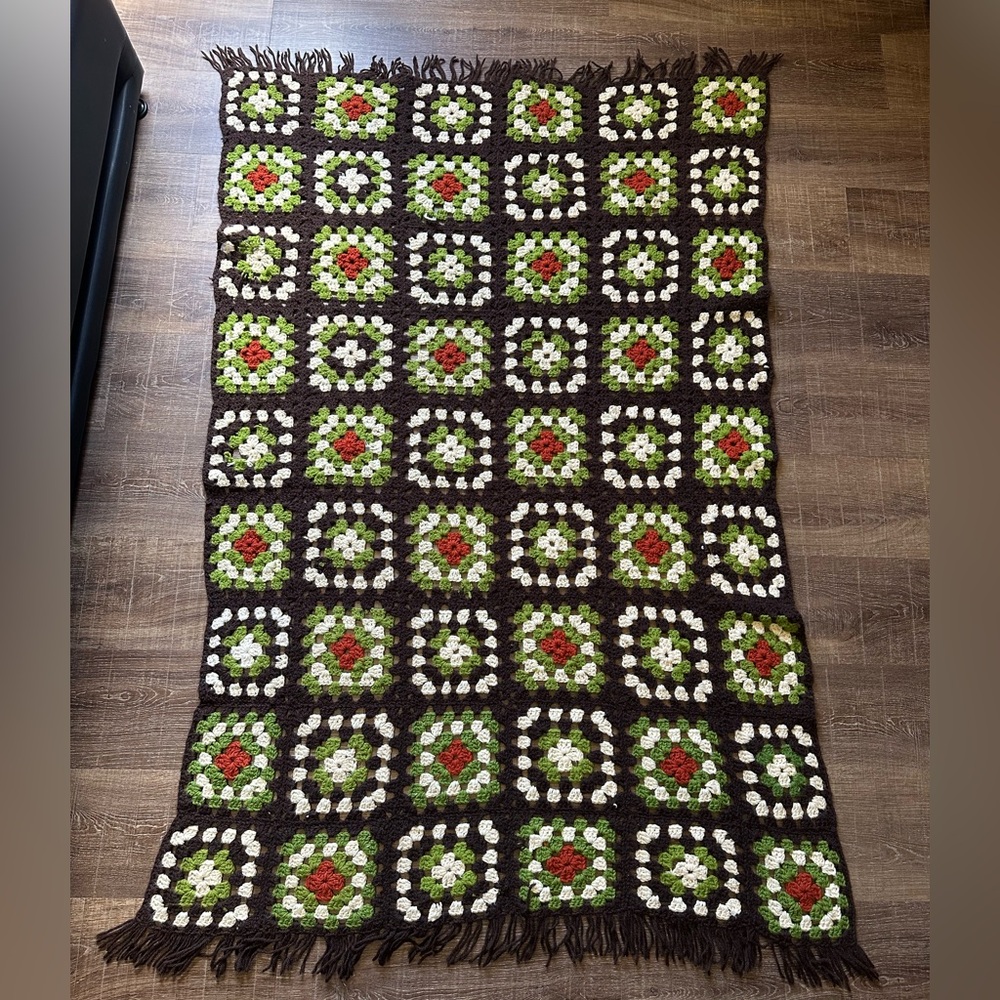 Vintage Granny square Crochet Blanket - Green, Red, White, and Brown